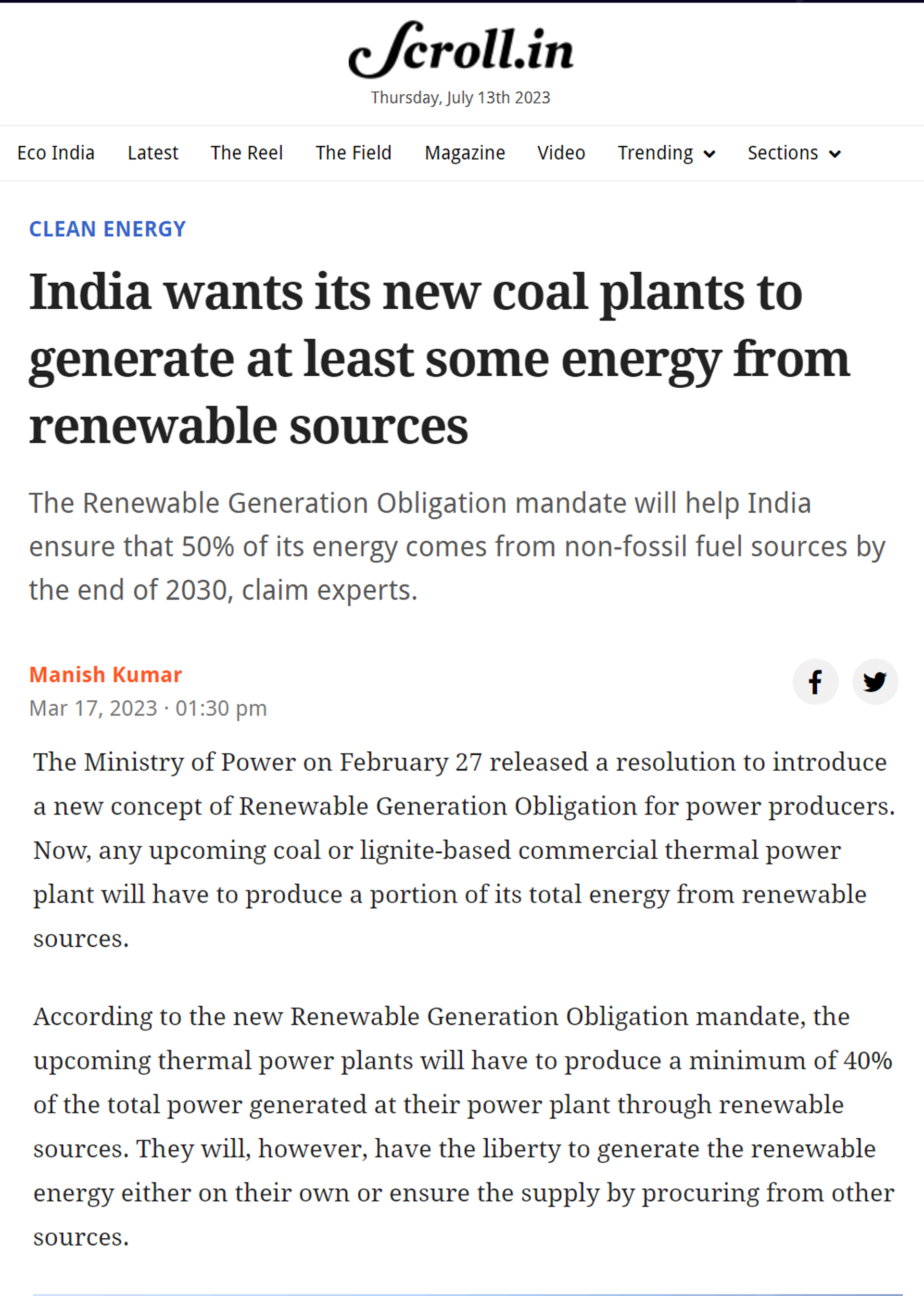Rishu Garg quoted by Scroll on the integration of renewables by new coal plants